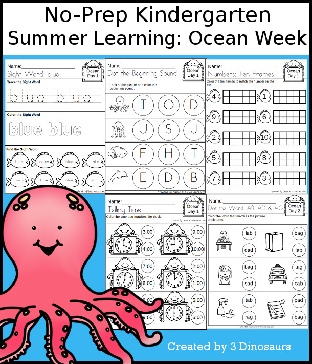 No-Prep Ocean Themed Weekly Packs for Kindergarten with 5 days of activities to do to learn with a summer Ocean theme - 3Dinosaurs.com