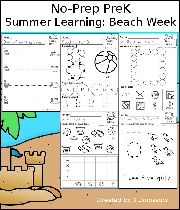 No-Prep Beach Themed Weekly Packs for PreK  with 5 days of activities to do to learn with a summer Beach theme - - 3Dinosaurs.com