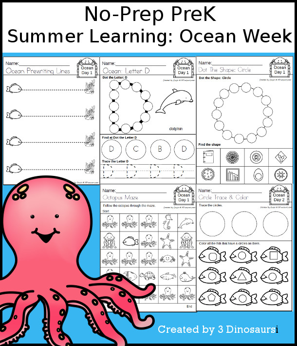 No-Prep Ocean Themed Weekly Packs for PreK  with 5 days of activities to do to learn with a summer Ocean theme - - 3Dinosaurs.com