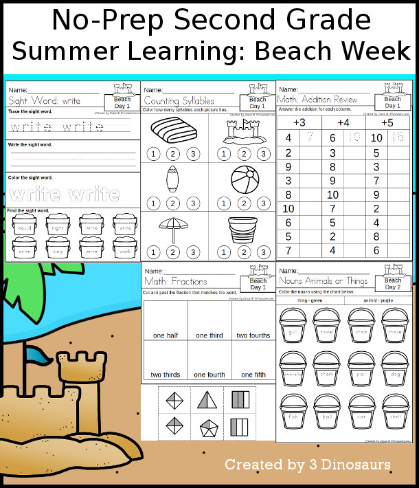 No-Prep Beach Themed Weekly Pack for Second Grade with 5 days of activities to do to learn with a summer Beach theme - 3Dinosaurs.com