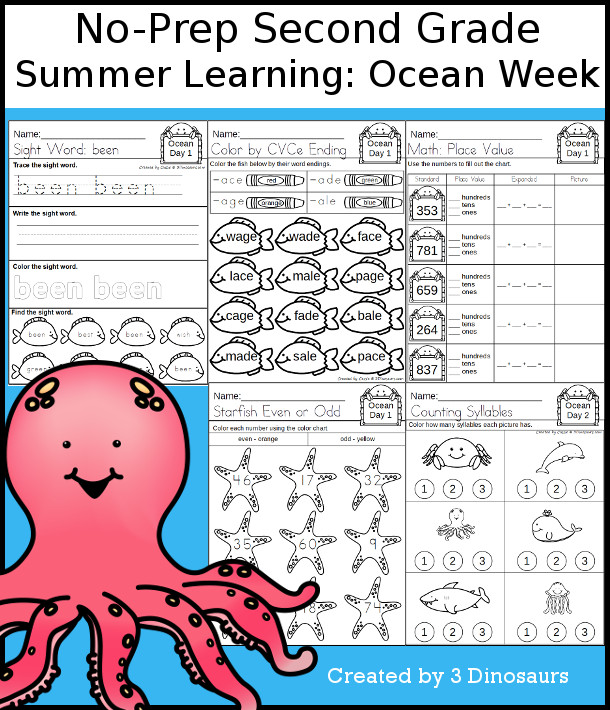 No-Prep Ocean Themed Weekly Pack for Second Grade with 5 days of activities to do to learn with a summer Ocean theme - 3Dinosaurs.com