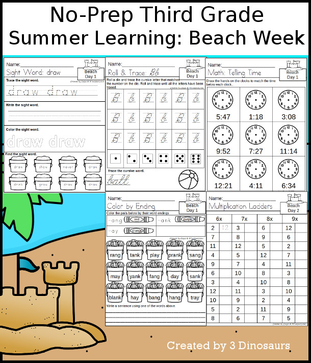 No-Prep Beach Themed Weekly Packs for Third Grade with 5 days of activities to do to learn with a summer Beach.  - 3Dinosaurs.com