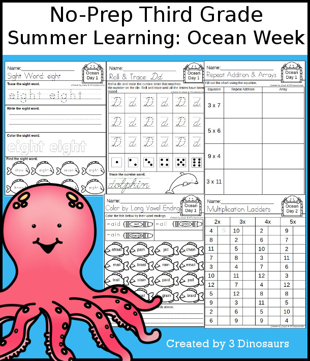 No-Prep Ocean Themed Weekly Packs for Third Grade with 5 days of activities to do to learn with a summer Ocean.  - 3Dinosaurs.com