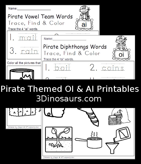 Free No-Prep Pirate Themed OI and AI Trace Find and Color - 2 pages of printables - 3Dinosaurs.com