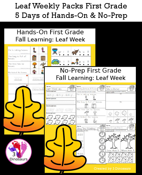 No-Prep & Hands-On Leaf Themed Weekly Packs for First Grade with 5 days of activities to do to learn with a fall Leaf theme - 3Dinosaurs.com