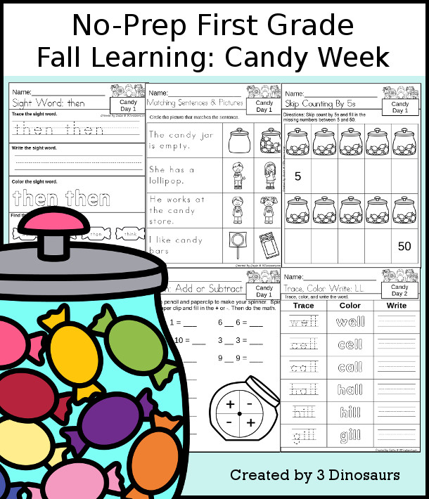 No-Prep Candy Themed Weekly Packs for First Grade with 5 days of activities to do to learn with a spring Candy theme. - 3Dinosaurs.com