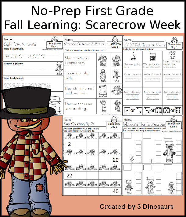 No-Prep Scarecrow Themed Weekly Packs for First Grade with 5 days of activities to do to learn with a fall Scarecrow theme. - 3Dinosaurs.com