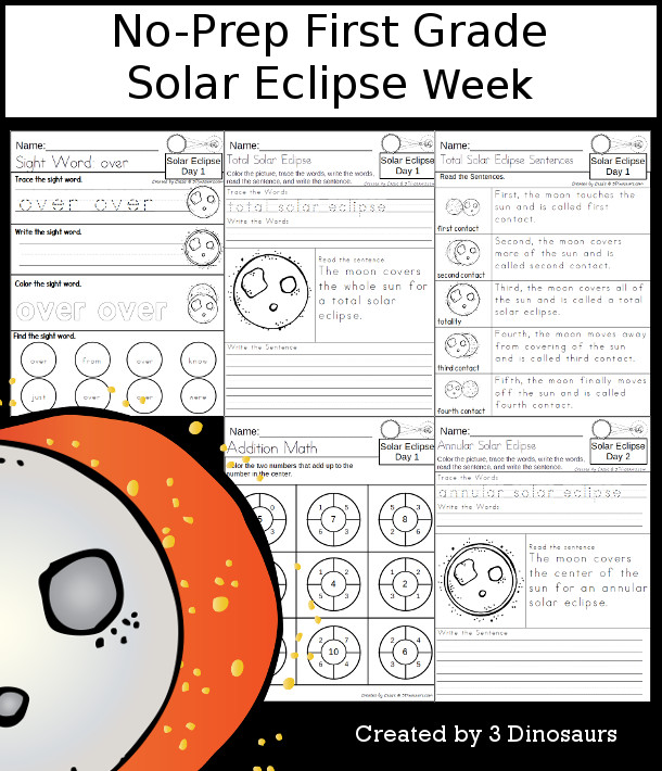 No-Prep Solar Eclipse Weekly Packs for First Grade with 5 days of activities to do to learn with a Solar Eclipse theme. - 3Dinosaurs.com