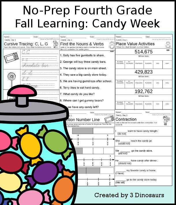 No-Prep Candy Themed Weekly Packs for Fourth Grade with 5 days of activities to do to learn with a Candy theme -  - 3Dinosaurs.com