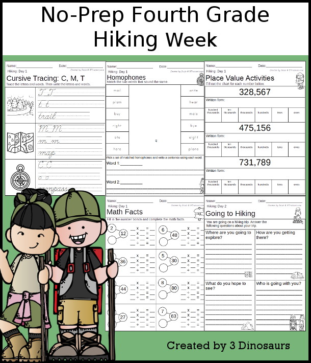 No-Prep Hiking Weekly Packs for Fourth Grade with 5 days of activities to do to learn with a summer -hiking-  - 3Dinosaurs.com
