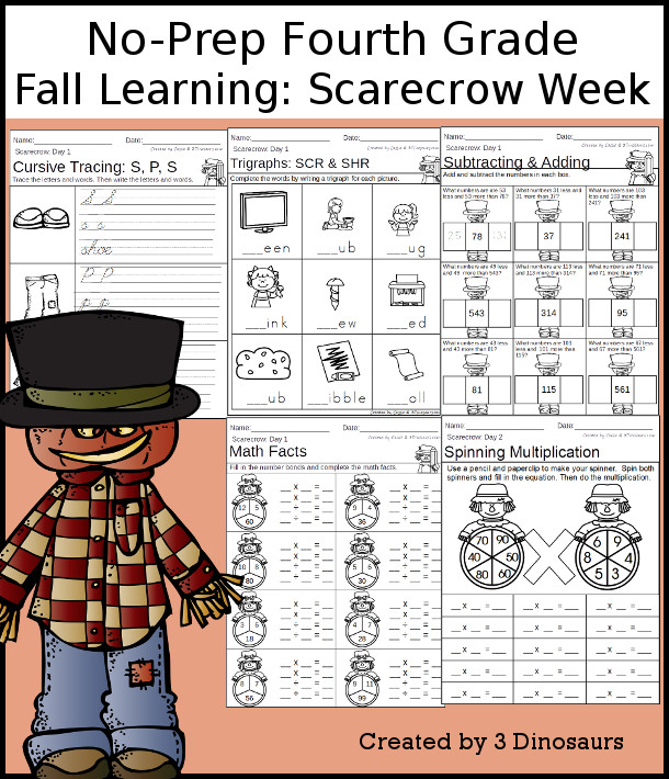 No-Prep Scarecrow Themed Weekly Packs for Fourth Grade with 5 days of activities to do to learn with a fall Scarecrow-  - 3Dinosaurs.com