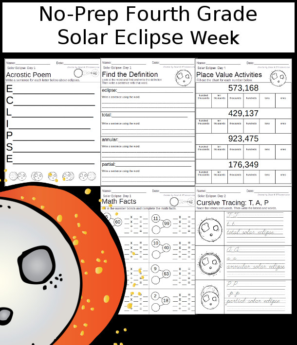 No-Prep Solar Eclipse Themed Weekly Packs for Fourth Grade with 5 days of activities to do to learn with a spring Solar Eclipse-  - 3Dinosaurs.com