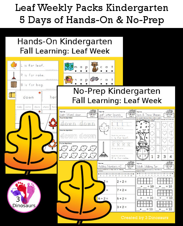 No-Prep & Hands-On Leaf Themed Weekly Packs for Kindergarten with 5 days of activities to do to learn with a fall leaf theme - 3Dinosaurs.com