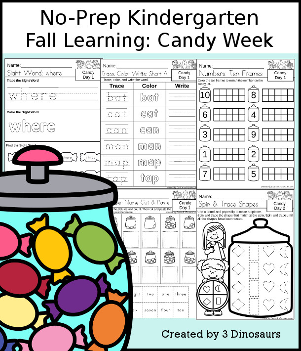 No-Prep Candy Themed Weekly Packs for Kindergarten with 5 days of activities to do to learn with a spring Candy theme - 3Dinosaurs.com