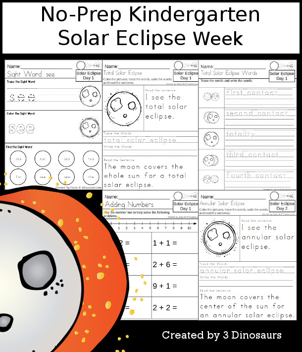 No-Prep Solar Eclipse Themed Weekly Packs for Kindergarten with 5 days of activities to do to learn with a spring Solar Eclipse theme - 3Dinosaurs.com