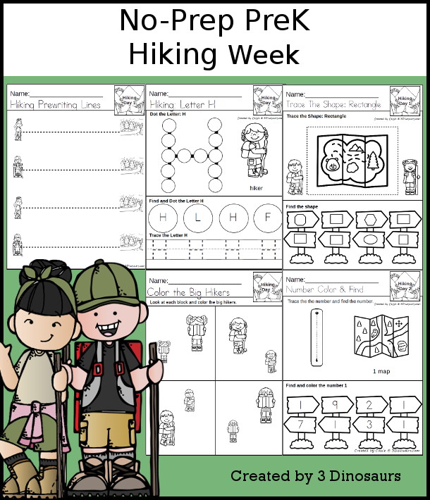 No-Prep Hiking Weekly Packs for PreK  with 5 days of activities to do to learn with a summer Hiking theme - - 3Dinosaurs.com