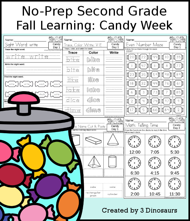 No-Prep Candy Themed Weekly Pack for Second Grade with 5 days of activities to do to learn with a spring Candy theme - 3Dinosaurs.com