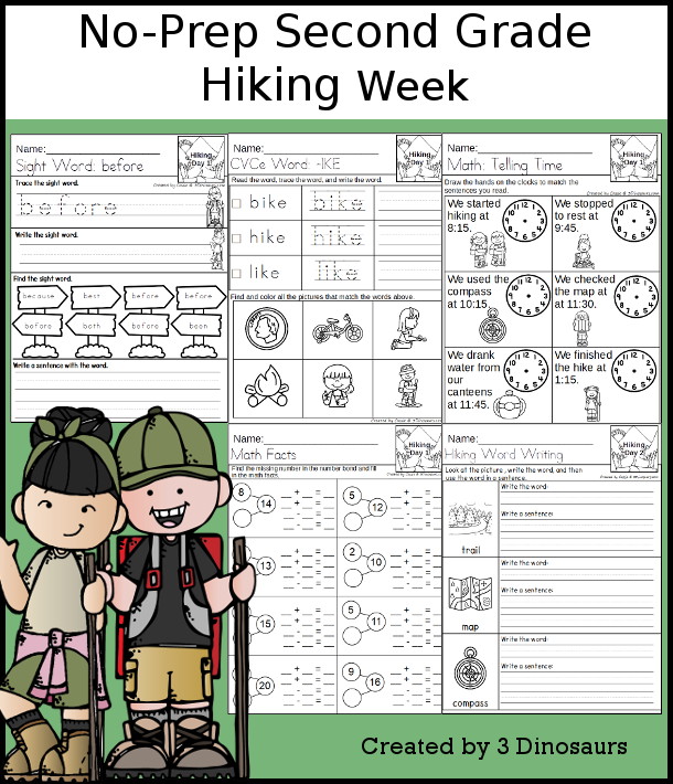 No-Prep Hiking Weekly Pack for Second Grade with 5 days of activities to do to learn with a summer Hiking theme - 3Dinosaurs.com