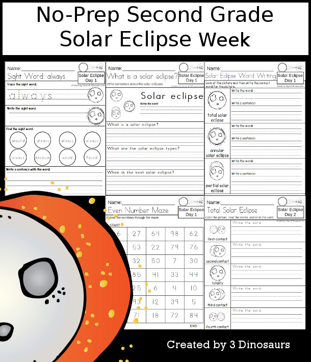 No-Prep Solar Eclipse Themed Weekly Pack for Second Grade with 5 days of activities to do to learn with a spring Solar Eclipse theme - 3Dinosaurs.com