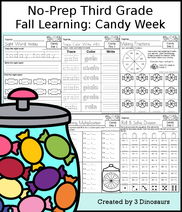 No-Prep Candy Themed Weekly Packs for Third Grade with 5 days of activities to do to learn with a spring Candy.  - 3Dinosaurs.com