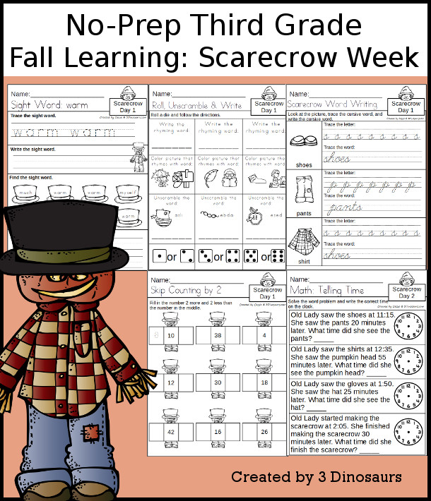 No-Prep Scarecrow Themed Weekly Packs for Third Grade with 5 days of activities to do to learn with a fall Scarecrow.  - 3Dinosaurs.com