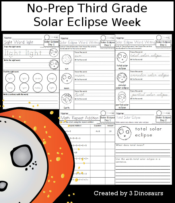 No-Prep Solar Eclipse Themed Weekly Packs for Third Grade with 5 days of activities to do to learn with a spring Solar Eclipse.  - 3Dinosaurs.com