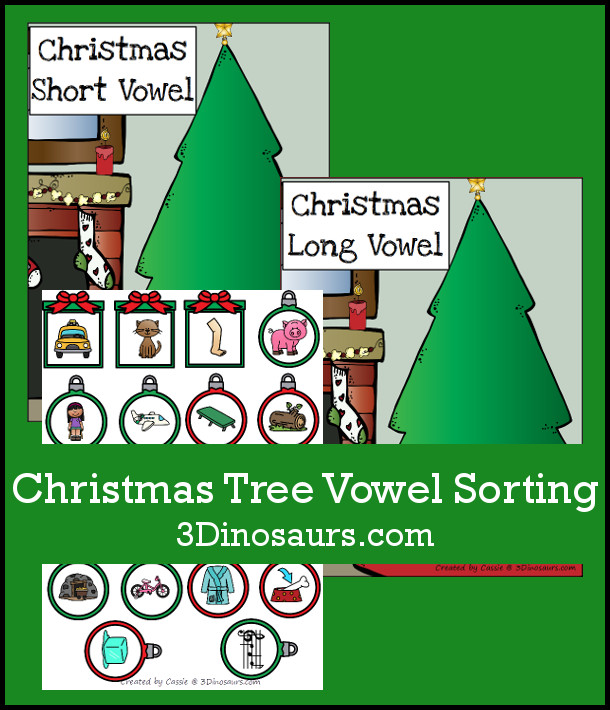 Free Christmas Tree Vowel Sorting - CVC vs CVCe words - 3Dinosaurs.com