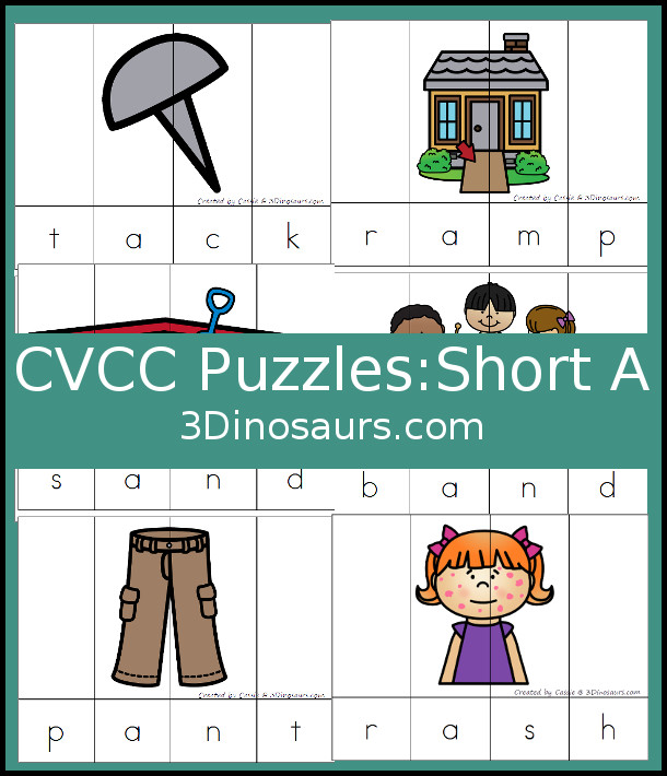 Free CVCC Word Family Puzzles: Short A - 7 puzzles to work on CVC words: ack, all, amp, and, ant  - 3Dinosaurs.com