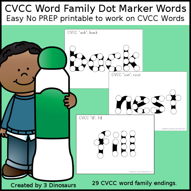CVCC Word Family Dot Marker: 29 different word family endings - 3Dinosaurs.com
