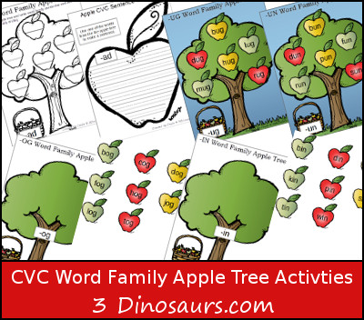 Free Apple Themed CVC Word Family Activities - wall charts, sorting mats, and writing activities  - 3Dinosaurs.com