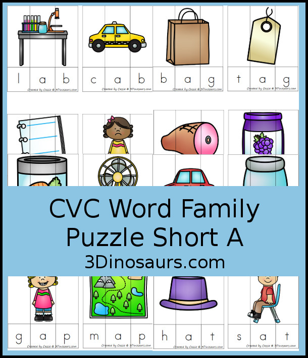 Free CVC Word Family Puzzles Short A - 3 piece puzzles for kids  to work on building and learning CVC words with  -ad, -ab, -ag, -am, -an, -ap, -ar, -at words- 3Dinosaurs.com