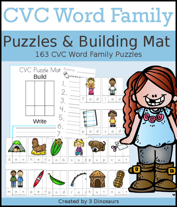 CVC Word Family Puzzles -  -ad, -ab, -ag, - am, -an, -ap, -ar, -at, -ax, -eb, -ed, -eg, -em, -en, -et, -ib, -id, -ig, -im, -in, -ip, -it, -ix, -ob, -od, -og, -om, -op, -ot, -ox, -ub, -ud, -ug, -um, -un, -up, -us, -ut, -ux; writing pages and buidling mats for the puzzles - Cost: $4 - 3Dinosaurs.com