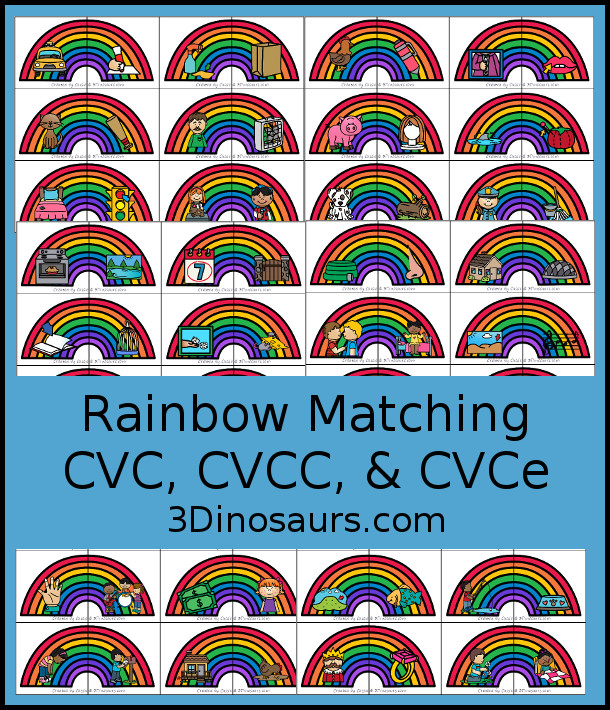 Free Rainbow CVC, CVCe & CVCC Matching - Works on matching rhyming words with 30 puzzles to match for CVC, CVCC and CVCe with pictures that have rhyming endings - 3Dinosaurs.com