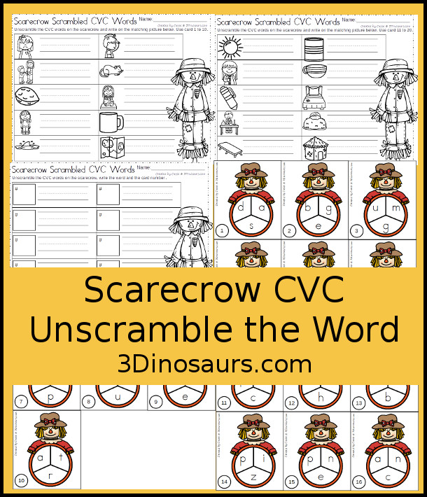 Free Scarecrow Themed CVC Unscramble the Word - 2 sets of tack cards with matching recording sheets to use with this fun fall theme of scarecrows - 3Dinosaurs.com