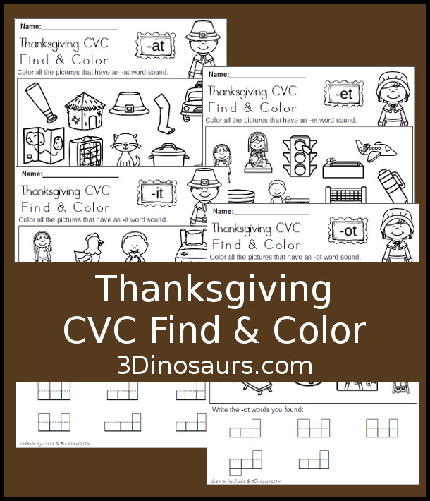 FREE No Prep CVC Find & Color Thanksgiving Fun: for cvc word families: -at, -et, -it, and -ot - 3Dinosaurs.com