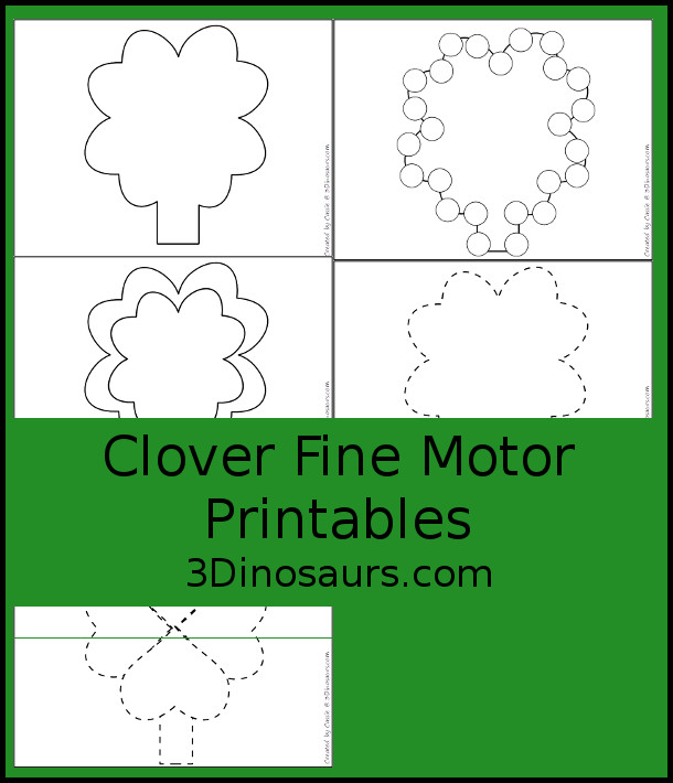 Free Clover Fine Motor Printables - with blank clover template, tracing clovers, dot marker clover, and clover playdough mat - 3Dinosaurs.com