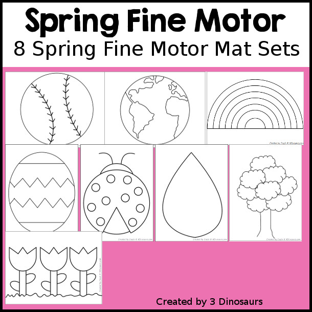 Spring Fine Motor Mat Printable Set with 8 different themes fine motor mats with dot markers, template, tracing, playdough mats and q-tip printables for building fine motor skills during the spring - 3Dinosaurs.com