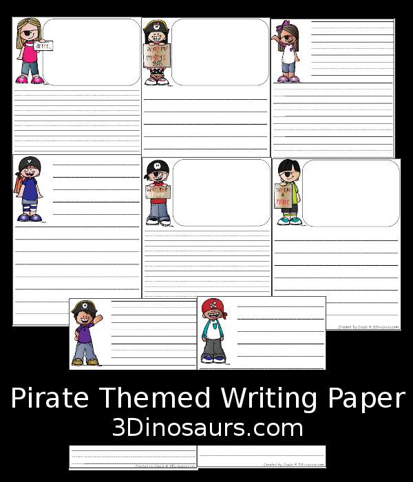 Free Pirate Themed Writing paper - 8 different images and 4 page types to use with kids - 3Dinosaurs.com