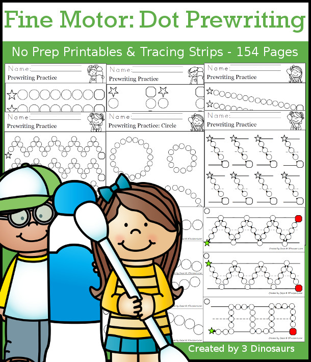 Fine Motor Dot Prewriting Printable Set - easy pages ready for teachers to use no-prep pages, easy reader books, tons of new dotting pages and options for kids. It has 154 pages of printables $ - 3Dinosaurs.com