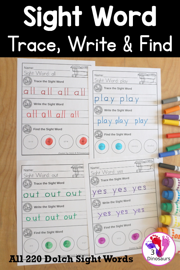 Sight Word Find, Write & Trace Simple Printable - All 220 Dolch Sight Words - it has trace the sight word, write the sight word and find the sight words with simple and easy to use layout and not to much on the page to distract kids with examples of what they are doing for the sight word - 3Dinosaurs.com