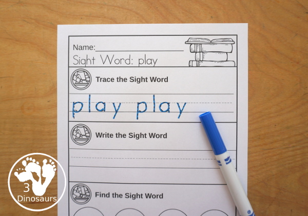 Sight Word Find, Write & Trace Simple Printable - All 220 Dolch Sight Words - it has trace the sight word, write the sight word and find the sight words with simple and easy to use layout and not to much on the page to distract kids with examples of what they are doing for the sight word - 3Dinosaurs.com