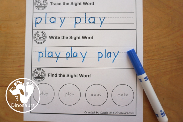 Sight Word Find, Write & Trace Simple Printable - All 220 Dolch Sight Words - it has trace the sight word, write the sight word and find the sight words with simple and easy to use layout and not to much on the page to distract kids with examples of what they are doing for the sight word - 3Dinosaurs.com