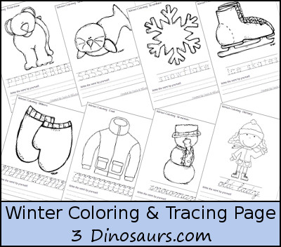 Free Winter Coloring with Print & Cursive Words Printables - 3Dinosaurs.com