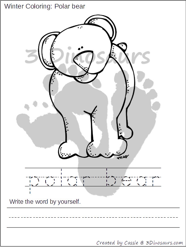 Free Winter Coloring with Print & Cursive Words Printables - 3Dinosaurs.com