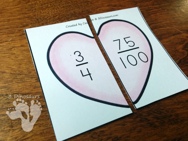 Free Hands-On Matching Heart Fractions That Are Equivalent - 4 pages of printables with 6 hearts per page - 3Dinosaurs.com