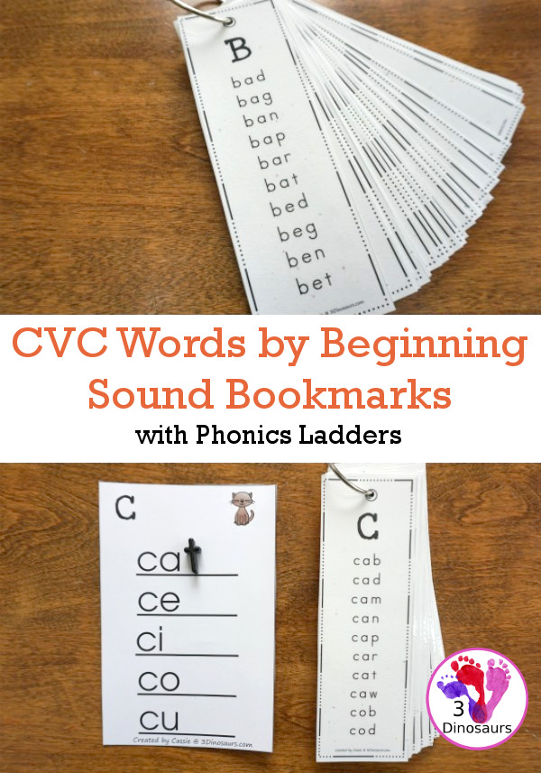 CVC Words By Beginning Sound Bookmarks - A fun way to work on building words with different types words that are similar in easy to use bookmarks and matching phonics ladders to use with the bookmarks - 3Dinosaurs.com #teacherspayteachers #phonicsforkids #learningtoread #cvcwords