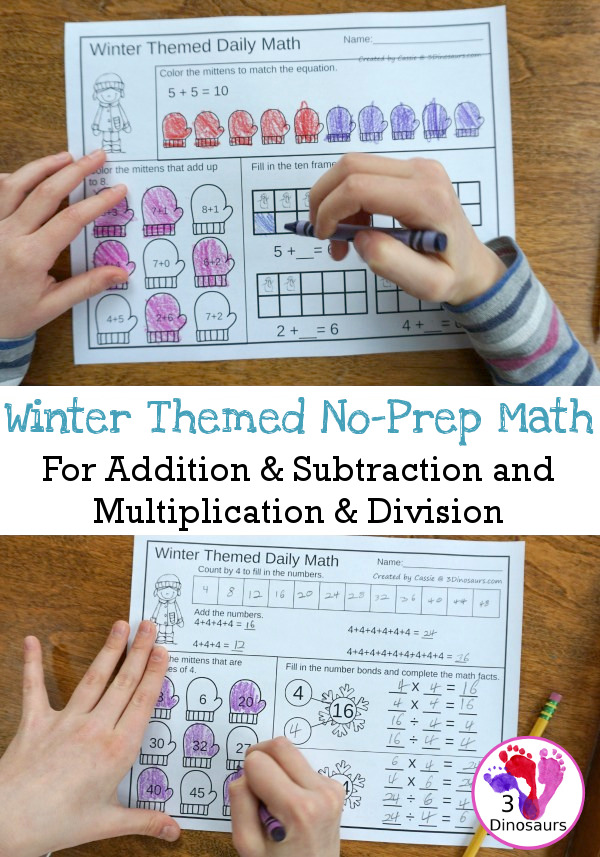 No Prep Winter Addition & Subtraction and Multiplication & Division - 30 pages no-prep printables with a mix of addition and subtraction or multiplication and division activities plus a math center activities - 3Dinosaurs.com #noprepmath #tpt #addition #subtraction #multiplication #division