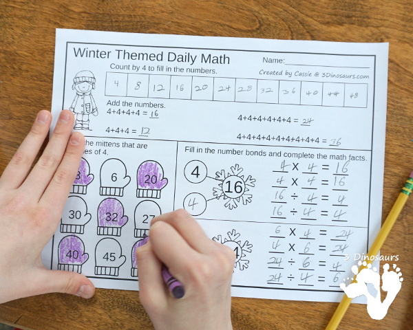 No Prep Winter Addition & Subtraction and Multiplication & Division - 30 pages no-prep printables with a mix of addition and subtraction or multiplication and division activities plus a math center activities - 3Dinosaurs.com #noprepmath #tpt #addition #subtraction #multiplication #division
