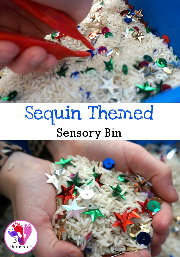 Fine Motor Sequin Themed Sensory Bin - a fun and easy sensory bin to set up for kids - 3Dinosaurs.com #sensorybin #sensoryskeeing #finemotorskills