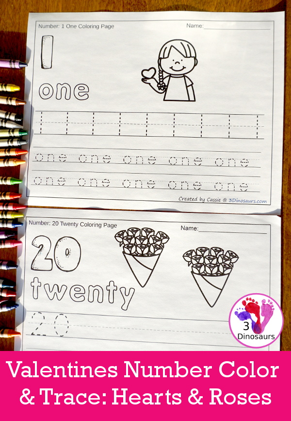 No-Prep Heart & Roses Themed Number Color and Trace - easy no-prep printables with a fun heart theme 44 pages with two options for the numbers tracing or writing $ - 3Dinosaurs.com #noprepprintable #valentinesprintables #numbersforkids